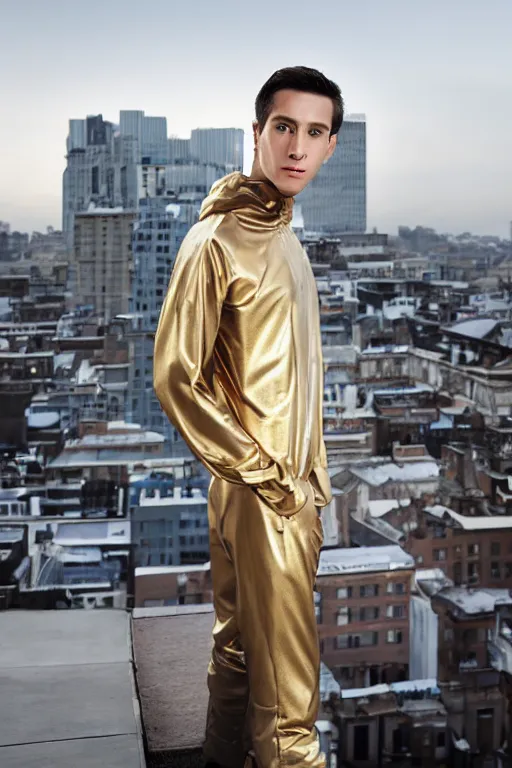 Image similar to un ultra high definition studio quality photographic art portrait of a young man standing on the rooftop of a british apartment building wearing soft padded silver pearlescent clothing. three point light. extremely detailed. golden ratio, ray tracing, volumetric light, shallow depth of field. set dressed.