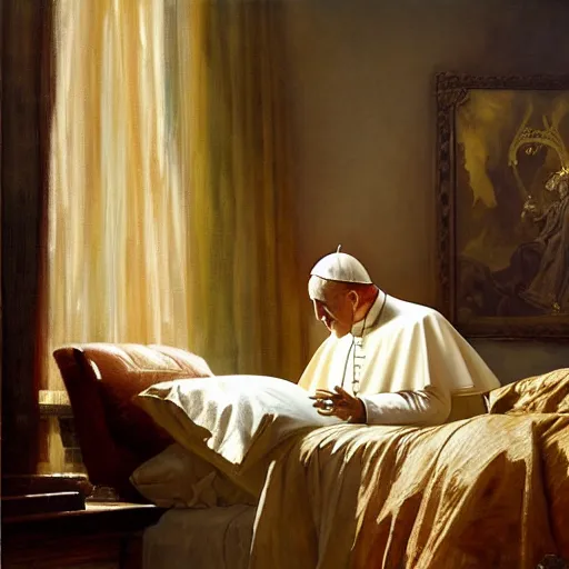 Image similar to the pope wakes up is his bed, sweating, nervous and terrified, a shadow demon lurks in the curtains of the papal bedroom. highly detailed painting by gaston bussiere, j. c. leyendecker, greg rutkowski, craig mullins 8 k