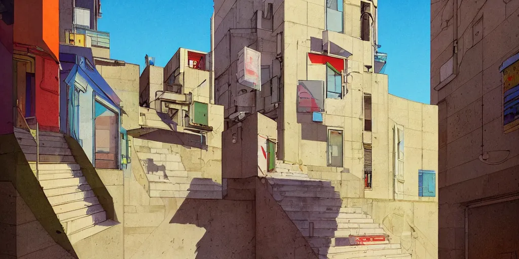 Prompt: neo brutralism, concrete housing, an archway, pathways, stairs, concept art, colorful, vivid colors, sunshine, light, shadows, reflections, oilpainting, cinematic, 3D, in the style of Akihiko Yoshida and Edward Hopper