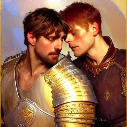 Image similar to attractive arthur pendragon and his attractive male knight, they are in love, natural lighting, path traced, highly detailed, high quality, digital painting, by gaston bussiere, craig mullins, alphonse mucha j. c. leyendecker