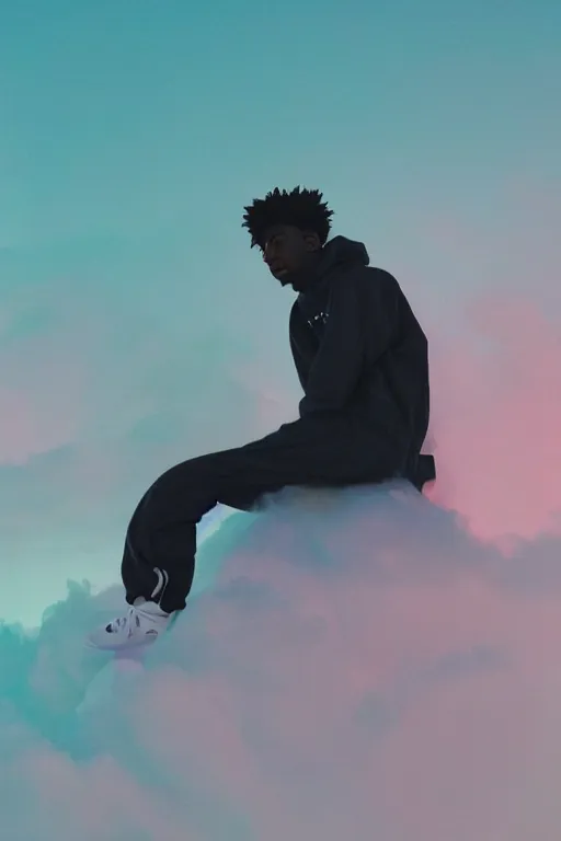 Image similar to high quality pastel coloured film close up wide angle photograph of 2 1 savage wearing clothing resting on cloud furniture in a icelandic black rock!! environment in a partially haze filled dreamstate world. three point light, rainbow. photographic production. art directed. pastel colours. volumetric clouds. pastel gradient overlay. waves glitch artefacts. extreme facial clarity. 8 k. filmic.