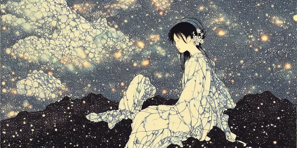 Image similar to stunning cold mountain landscape with sky full of galaxies by takato yamamoto