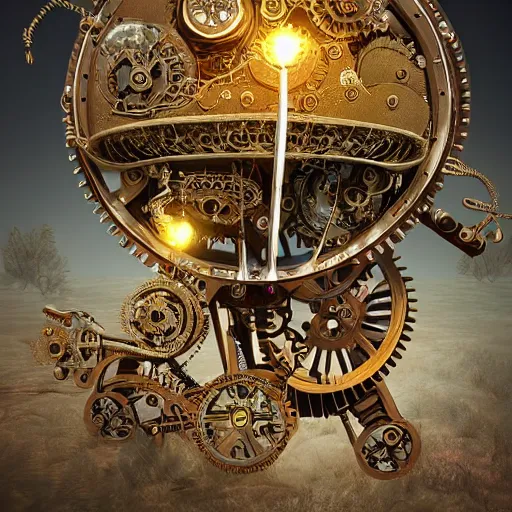 Image similar to complex magic mechanism, time machine flying over the earth, steampunk, indian style, ornament, mechanism leaving, a luminous trail, intricate clockwork, photorealistic rendering, 4 k rendering, intricate details,