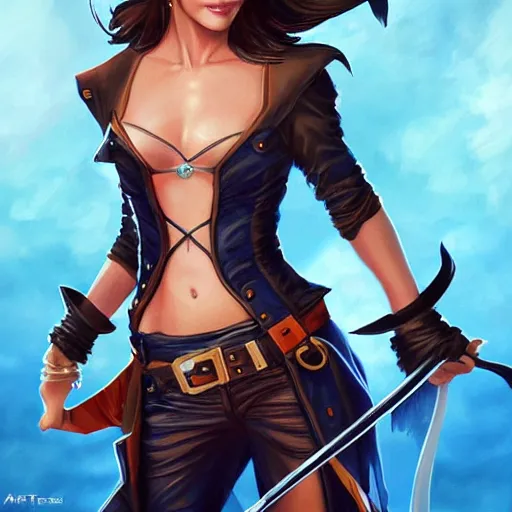 Image similar to katie holmes as a pirate, digital illustration, by artgerm,