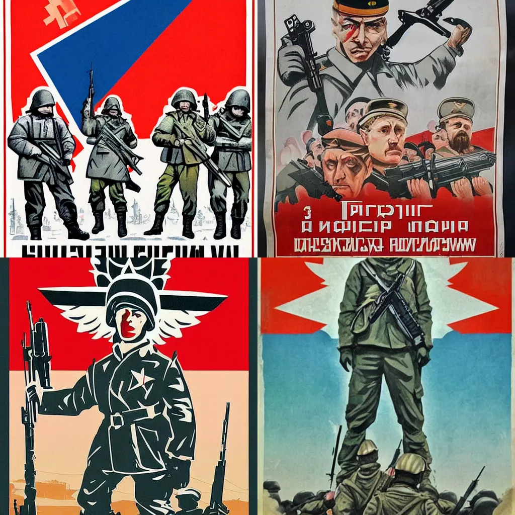 Image similar to a russian propaganda poster promoting the russian army fighting in world war 3, ww 3, dystopian future, in the style of communist propaganda, anti - american, anti - west