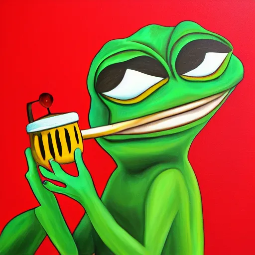 Image similar to pepe frog eating honey, surrealism, oil and acrylic on canvas, high detail