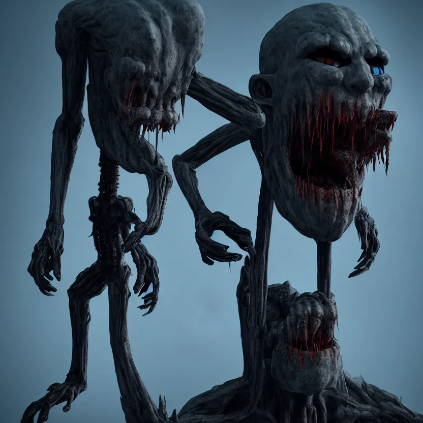 Image similar to a tall humanoid monster with a pale mouthless face and staring evil eyes, horror game graphics, horror monster design concept art, 4k, octane render, unreal render, indie video game horror