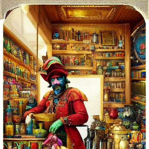 Image similar to Anthropomorphized parrot trader in his shop, shelves full, selling a gem, portrait, items, magic potions, carpet, window, intricate Renaissance hat, sly expression , cunning expression, cute expression, presenting magic gem, D&D, fantasy, cinematic lighting, highly detailed, digital painting, artstation, concept art, smooth, sharp focus, illustration, warm light, cozy warm tint, magic the gathering artwork, volumetric lighting, 8k, no gold, no gold colours, art by Akihiko Yoshida, Greg Rutkowski