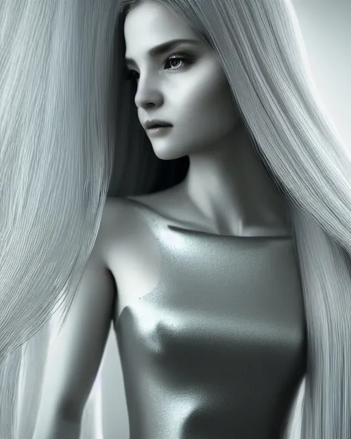 Prompt: a bw photorealistic portrait of a beautiful female translucent bio mechanical vegetal goddess with long silver hair, dreamy, elegant photorealistic, cinematic, octane render,