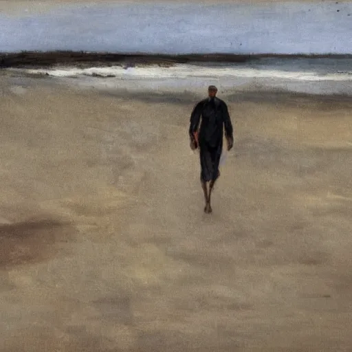 Image similar to a man in a hazmat walking on an abandoned beach, impressionist