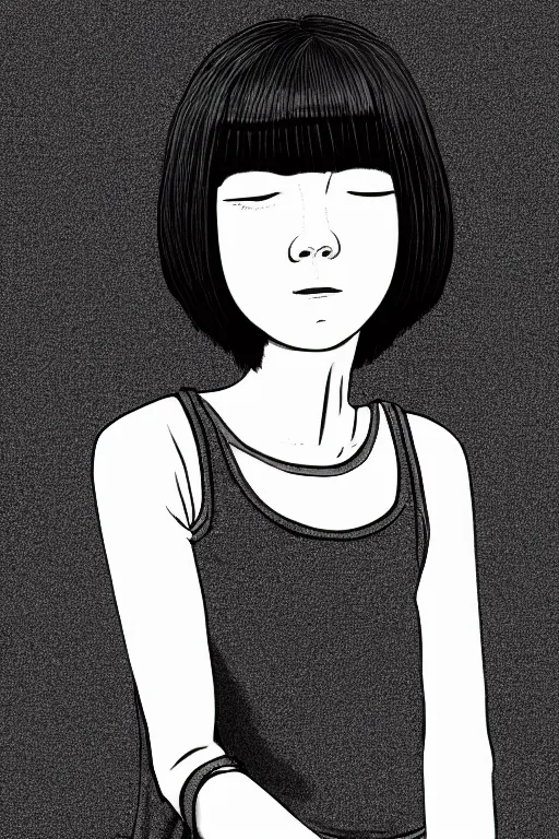 Prompt: portrait of a girl in long pants and a top, hands in pockets, eyes closed, bob haircut, digital art, black and white, illustration by junji ito