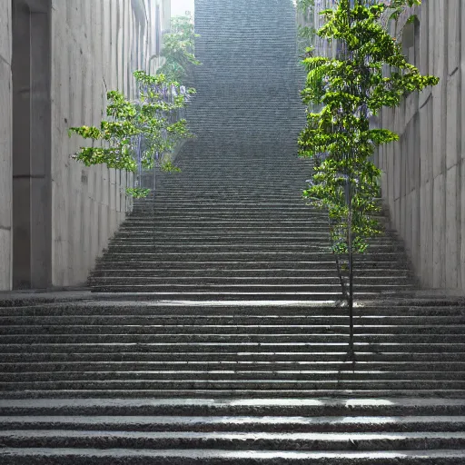 Prompt: a set of stairs with vines growing up them, walls of stone bricks, volumetric bluish light, a raytraced image by Tadao Ando, flickr contest winner, environmental art, streetscape, vray, national geographic photo