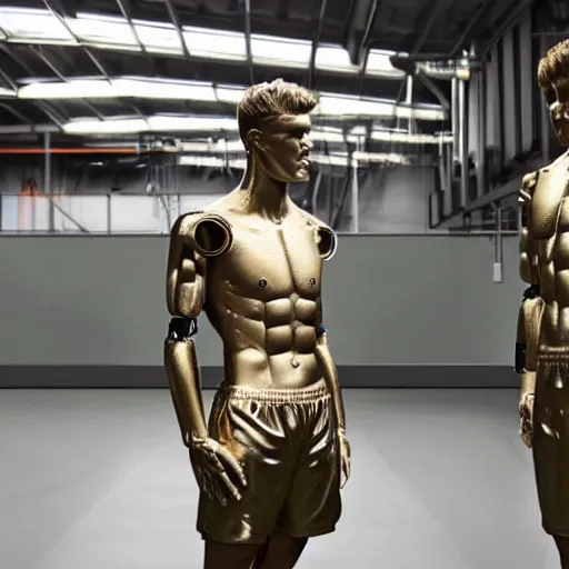 Image similar to a realistic detailed photo of a guy who is an attractive humanoid who is half robot and half humanoid, who is a male android, soccer players timo werner, shiny skin, posing like a statue, blank stare, in a factory, on display, showing off his muscles, gold soccer shorts, side view, looking at each other mindlessly