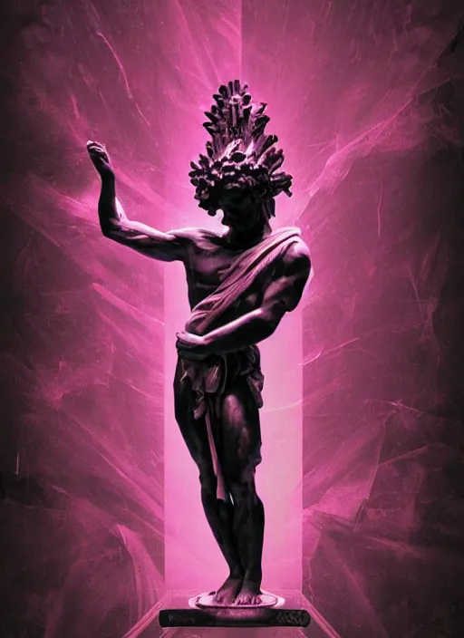 Image similar to elegant dark design poster showing a large greco roman statue of zeus, black background with very subtle red and purple design elements, bold, powerful, nekro, vito acconci, thin straight purple lines, dark, glitch art, neo vaporwave, gritty, layout frame, square, trending on artstation