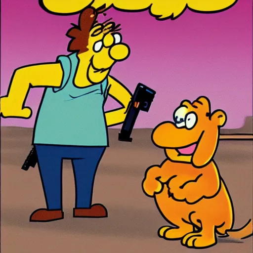 Image similar to garfield points a gun at odie, illustrated by jim davis