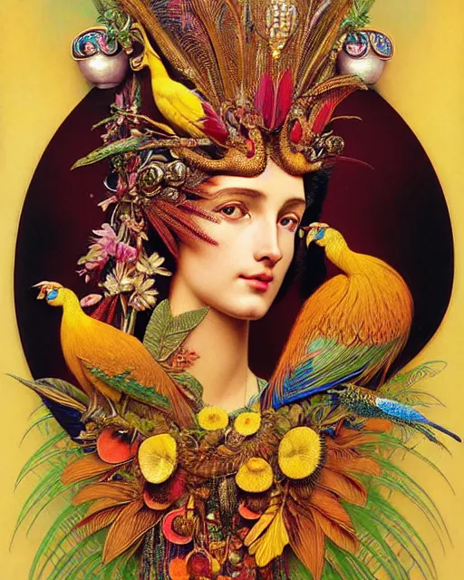 Image similar to hyperrealistic detailed face portrait of the beautiful goddess of the golden pheasants with an intricate headgear of golden pheasant, red berries, leaves, field flowers, pears, apples, art by ernst haeckel, john william godward, android jones, alphonso mucha, h. r. giger, gothic - cyberpunk, ornamental, beautiful deep colours,