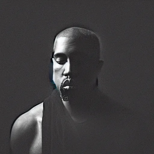 Image similar to a chiaroscuro lighting portrait of kanye west dressed as rick owens, black background, portrait by julia margaret cameron, shallow depth of field, 8 0 mm, f 1. 8