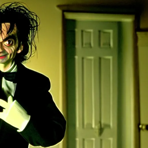 Image similar to mr. bean as edward scissorhands. movie still. cinematic lighting.