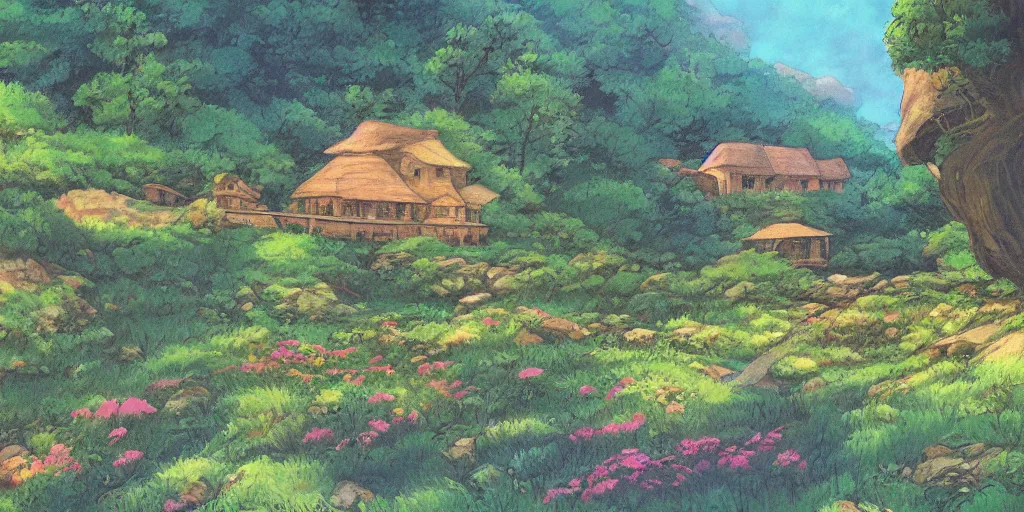 Image similar to a beautiful painting of landscape, ghibli style