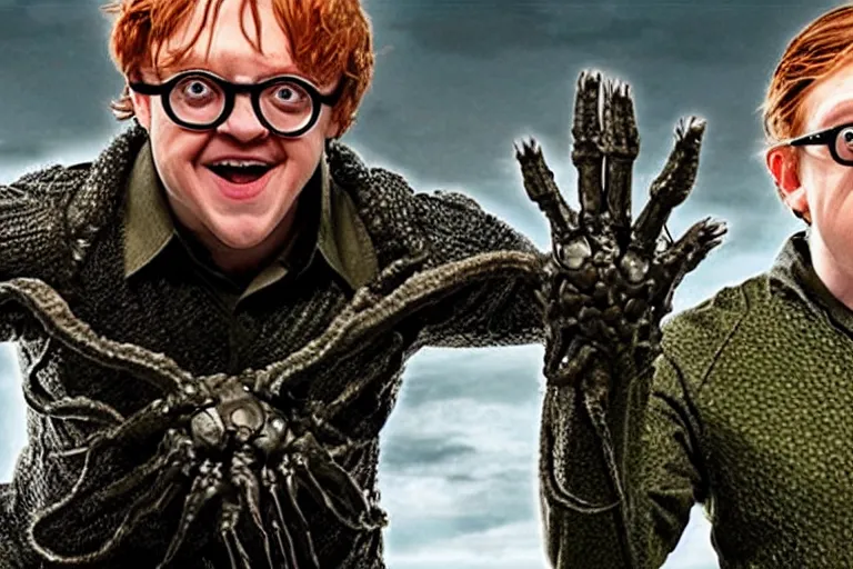 Image similar to Rupert Grint as Doc Ock, Multiple long menacing metal clawed arms from his back, intimidating stance