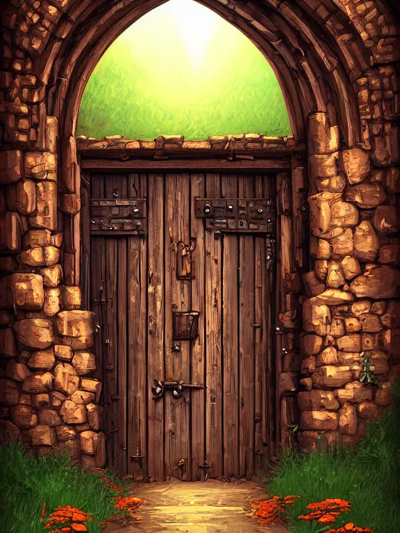 Prompt: professional digital art detailed old wood and rust castle door entrance flowers with path outside cgsociety behance by Dan Mumford