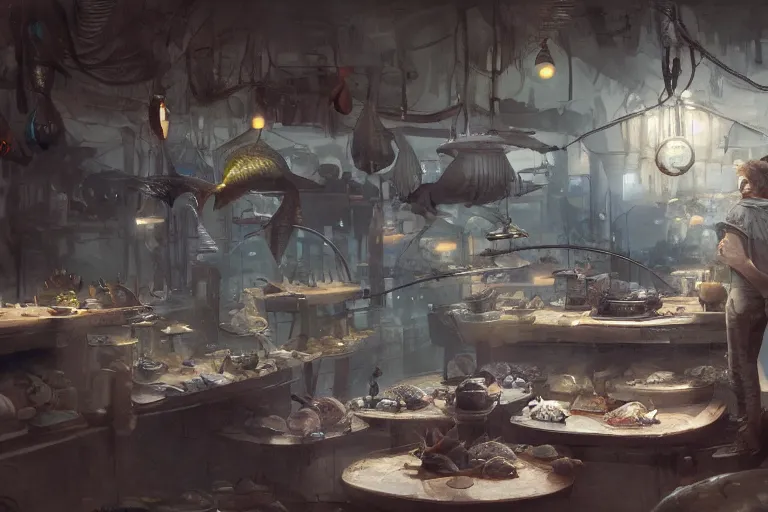 Prompt: fish store. a human shopkeeper. alien fishes. by jean - baptiste monge, high quality, high resolution, 4 k, painted by cgsociety, rutkowski, gurney with ambient lighting, concept art, detailed, smooth, dynamic volumetric cinematic lighting, octane, raytrace