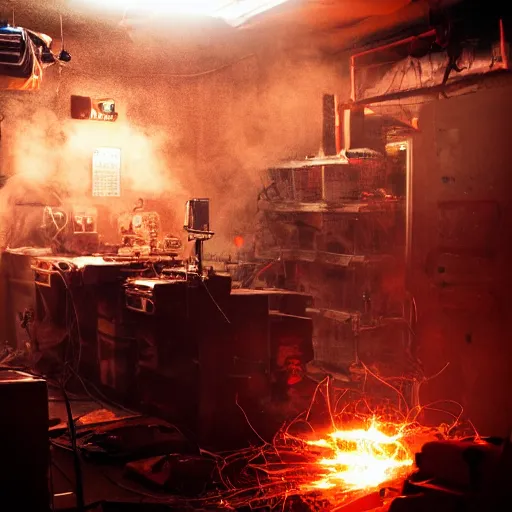 Image similar to overcharging toaster oven, tangles of metallic cables, dark messy smoke - filled cluttered workshop, dark, dramatic lighting, orange tint, sparks, plasma charges, cinematic, highly detailed, sci - fi, futuristic, movie still