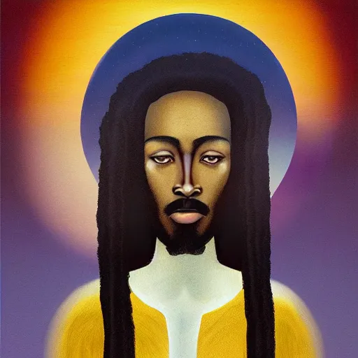 Prompt: an African Jesus under a UFO, painting by Hsiao-Ron Cheng,