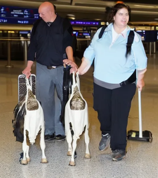 Prompt: walking on two feet dairy cow with woman face at the airport