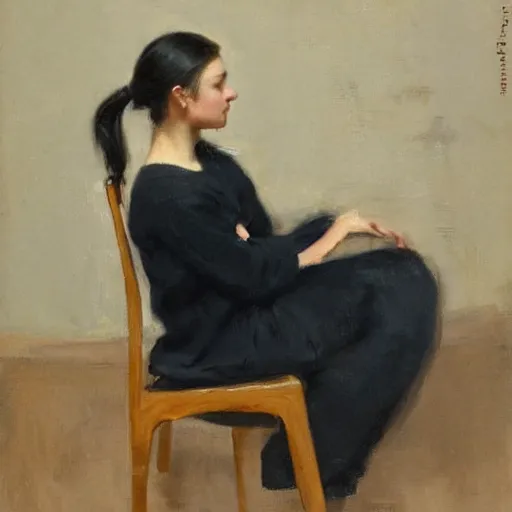 Prompt: woman with ponytail hairstyle, sitting in wooden chair, in the style of jeremy lipking