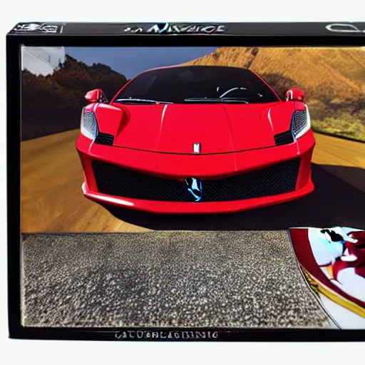 Image similar to realistic photographie lamborgini luxury mix with ferrari inside platique toy box