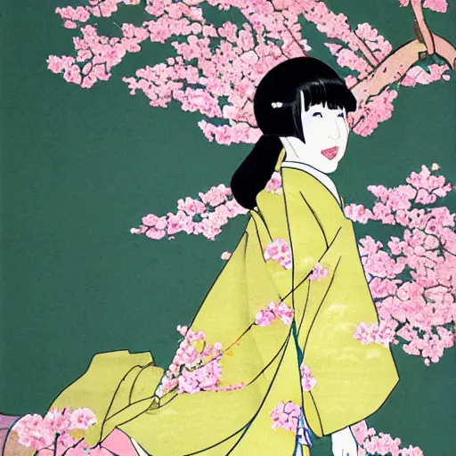 Image similar to A beautiful installation art of a young woman in a traditional kimono, with a background of sakura blossoms. emerald by Osamu Tezuka