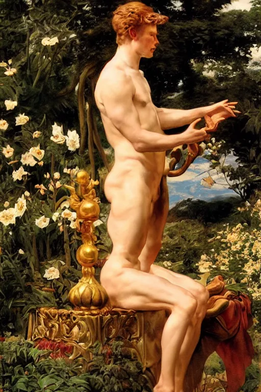 Prompt: the God Pan, golden hour, in a garden, artstation, by J. C. Leyendecker and Peter Paul Rubens,