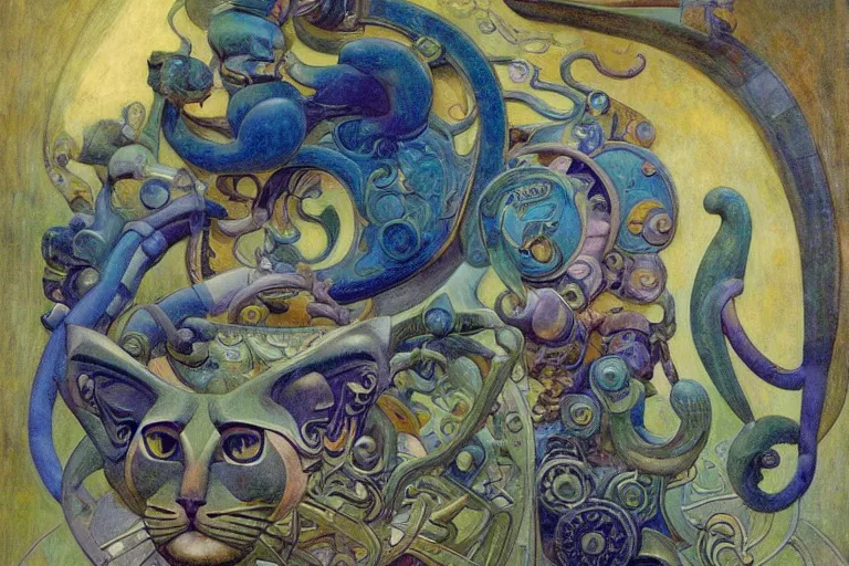 Prompt: ornate mechanical cat, by annie swynnerton and diego rivera and nicholas roerich and jean delville, symbolist, dramatic lighting, god rays, elaborate geometric ornament, art brut, colors are soft greens and blues and purple, smooth, sharp focus, extremely detailed, adolf wolfli and ( donato giancola )