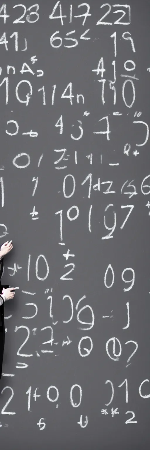 Image similar to A black board with an equation that shows how an AGI algorithm should be coded, a professor standing next to the board, 4k wide lenses photograph, unreal engine 5 full rendering, depth of field, 3D