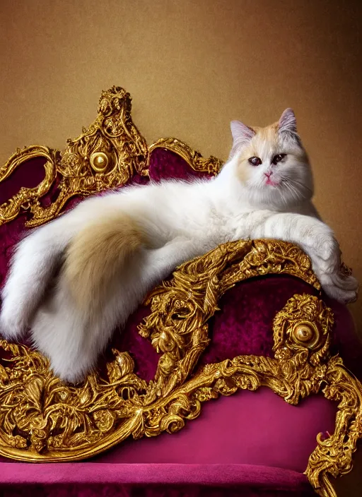 Prompt: a magnificent portrait of a fluffy fat cat on a precious embroidered velvet cushion on a neo - rococo gilded little bed with precious stones, ball of yarns all around, by david lachapelle, photorealistic, canon r 3, photography, wide shot, symmetrical features, symmetrical pose, wide angle shot, standing pose, feet on the ground