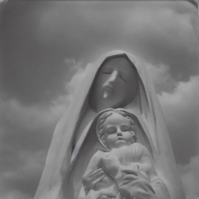 Image similar to vintage polaroid of white mother mary statue crying blood, pictured close and slightly from below, sky with clouds in background