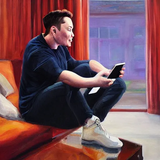 Image similar to a beautiful complex painting of elon musk sitting down and using his phone the back home is a window of the outside