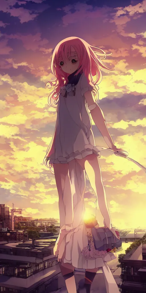 Image similar to anime art, anime key visual of a cute elegant anime girl with pink hair and big eyes, city rooftop at sunset with clouds, golden hour sunset, background blur bokeh!, beautiful lighting, high quality illustration, studio ghibli