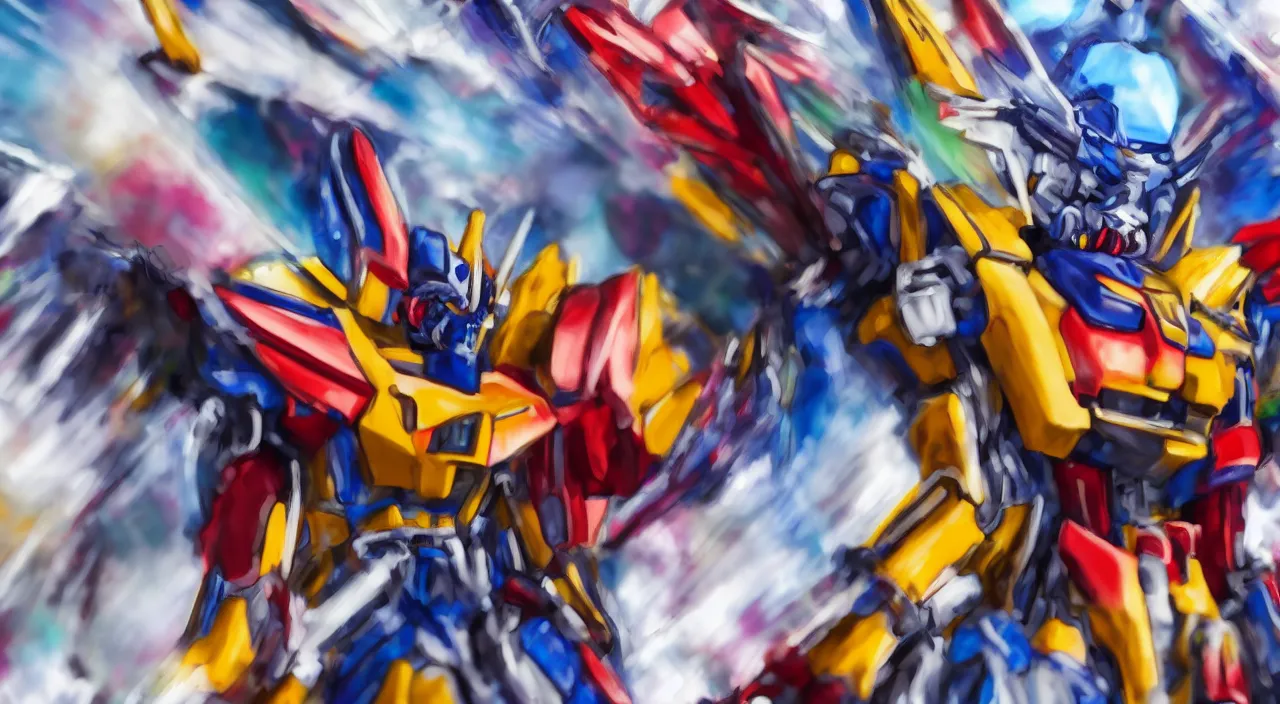 Image similar to medium close up view, Gundam,Guyver,colourful space, bokeh, blur, cinematic lighting