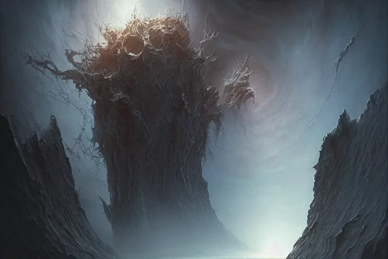 Image similar to maelstrom, gehenna, the abyss looks back, chaos, the world without form and void, amazing concept painting by Jessica Rossier and HR giger and Beksinski