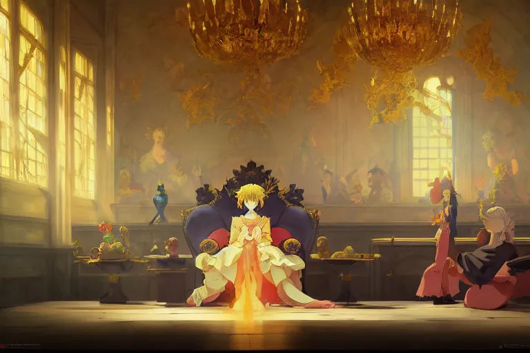 Image similar to baroque oil painting of key visual concept art of anime maid ruling as queen from extravagant throne room, brutalist, dark fantasy, rule of thirds golden ratio, fake detail, trending pixiv fanbox, acrylic palette knife, style of makoto shinkai studio ghibli genshin impact james gilleard greg rutkowski chiho aoshima