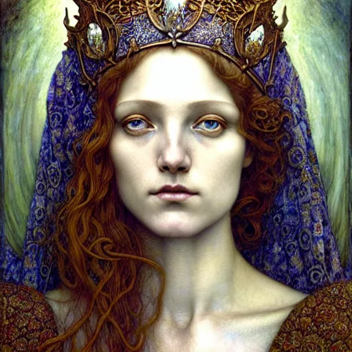 Image similar to detailed realistic beautiful young medieval queen face portrait by jean delville, tom bagshaw, brooke shaden, gustave dore and marco mazzoni, art nouveau, symbolist, visionary, gothic, pre - raphaelite, ornate gilded medieval icon, surreality, ethereal, unearthly, haunting, celestial, neo - gothic, ghostly, memento mori, nightmare