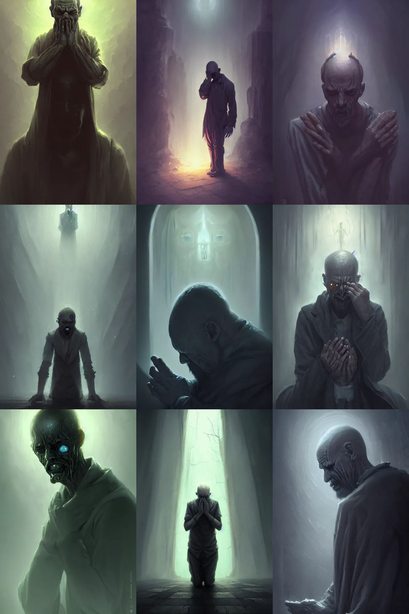 Prompt: a creepy looking man praying for his syns, a character portrait by Max Švabinský and Jordan Grimmer, trending on cgsociety, gothic art, darksynth, macabre, apocalypse art