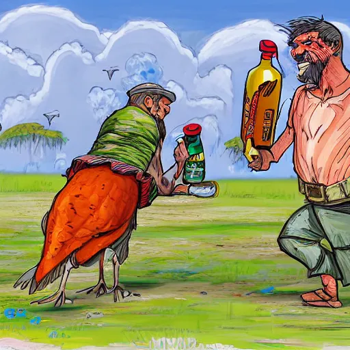 Image similar to two turkey's in africa fighting over water bottle, cartoon art, detailed, colorful, digital painting,