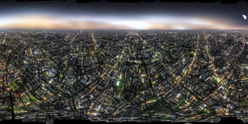Image similar to a big industrial city metropoli in the distance, cloudy dark sky, it's late at night the moon and the milky way shine, a forest in the foreground, 3 6 0 render panorama, equirectangular projection, seamless
