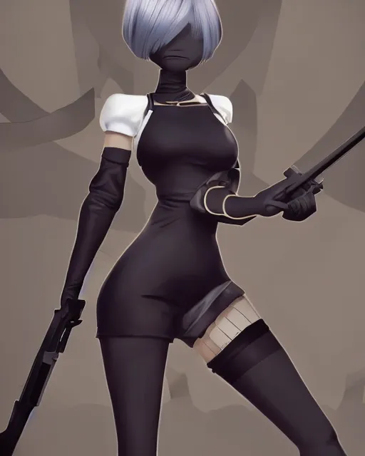 Image similar to 2B from Nier Automata and with slender body type standing holding a rifle, cartoon illustration, 8k