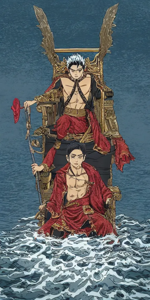 Prompt: highly detailed lone emperor sitting on a throne floating on water in the middle of a lake drawn by Makoto Yukimura in the style of Vinland saga anime, full color, detailed,