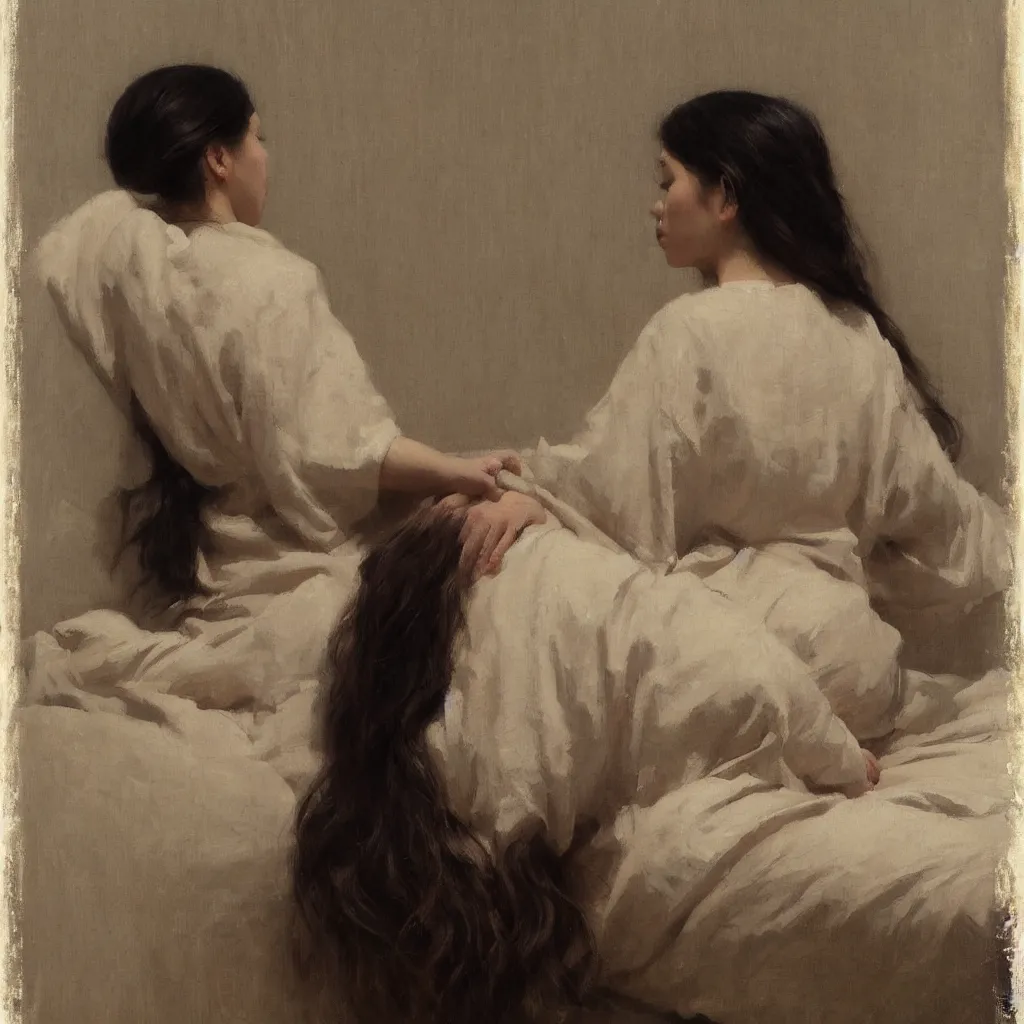 Image similar to girl with long wavy hair, in kimono, backview, sitting on edge of bed, by jeremy lipking, serge marshennikov, joseph todorovitch