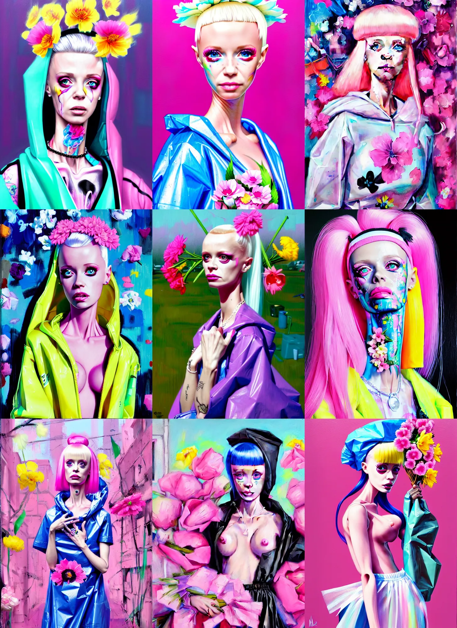 Prompt: still from music video of barbie from die antwoord standing in a township street, wearing a trashbag garbage bag and flowers, street fashion, full figure portrait painting by martine johanna, ilya kuvshinov, rossdraws, pastel color palette, plastic skin, detailed impasto brushwork, impressionistic